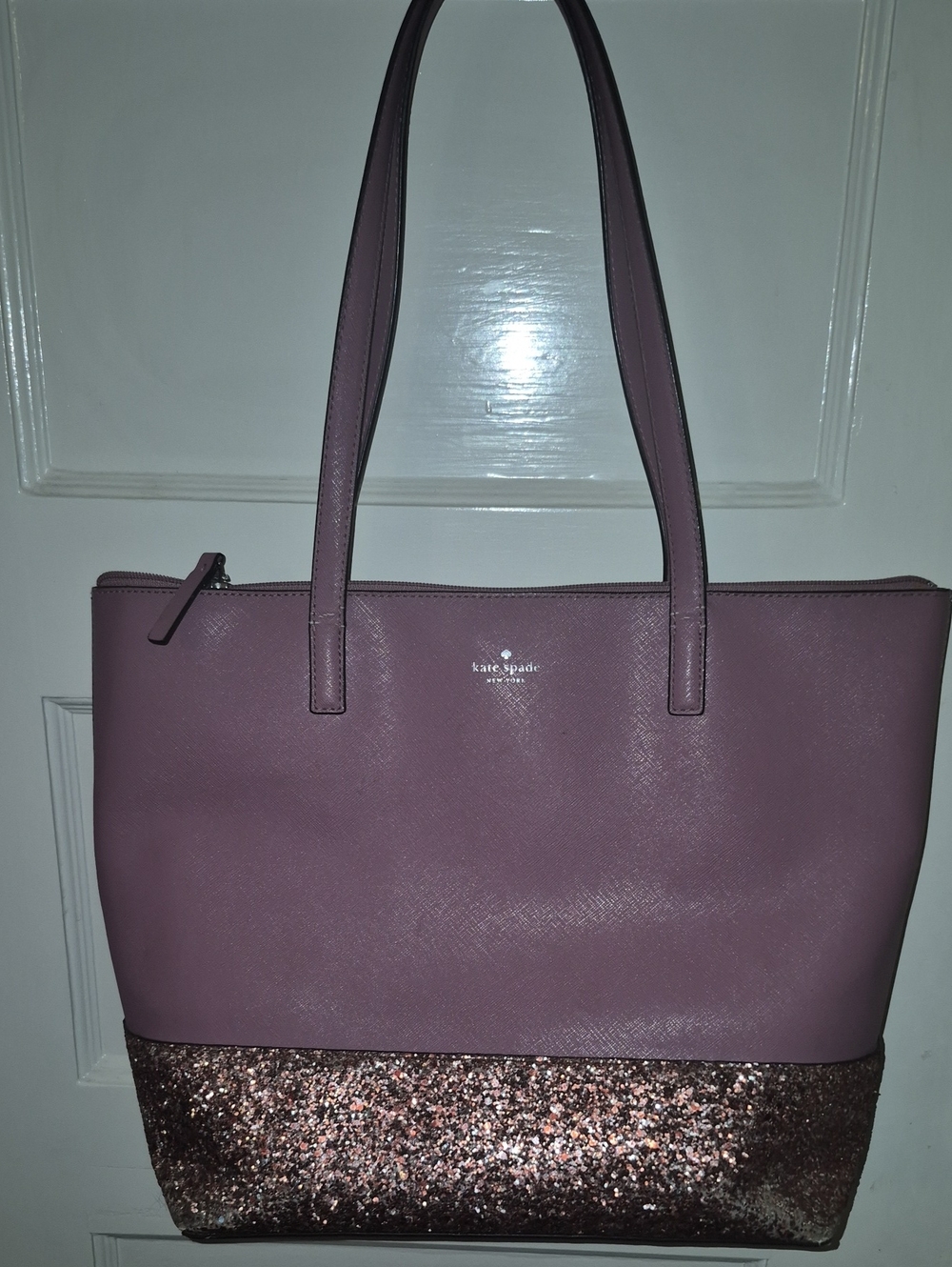kate spade mauve tote with rose gold glitter trim